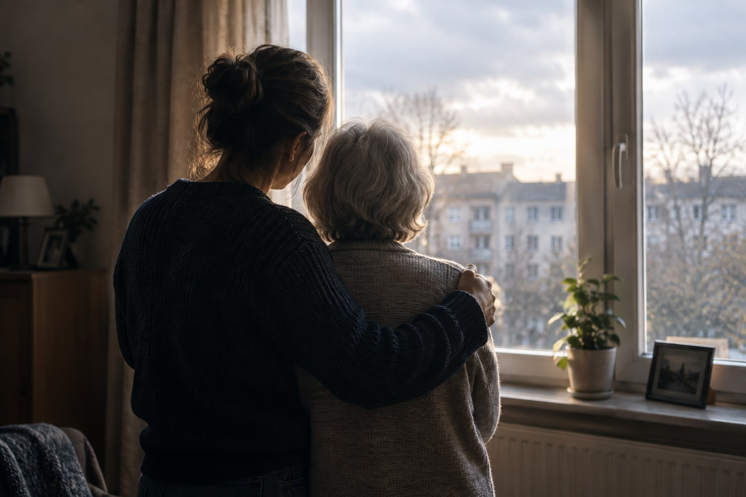 Eine Frau legt ihrer älteren Mutter am Fenster tröstend den Arm um die Schulter