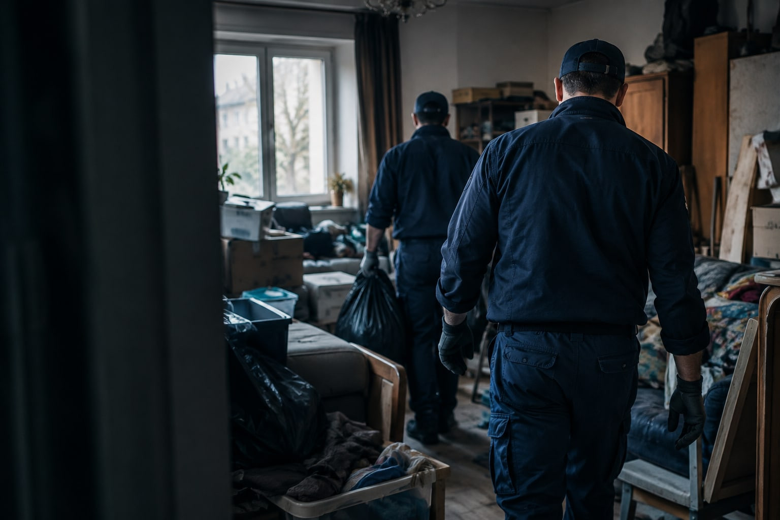 Zwei Mitarbeiter von JPS in dunkler Arbeitskleidung betreten eine stark zugestellte Wohnung