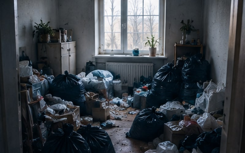 Wohnraum mit großen Mengen Müll auf dem Boden